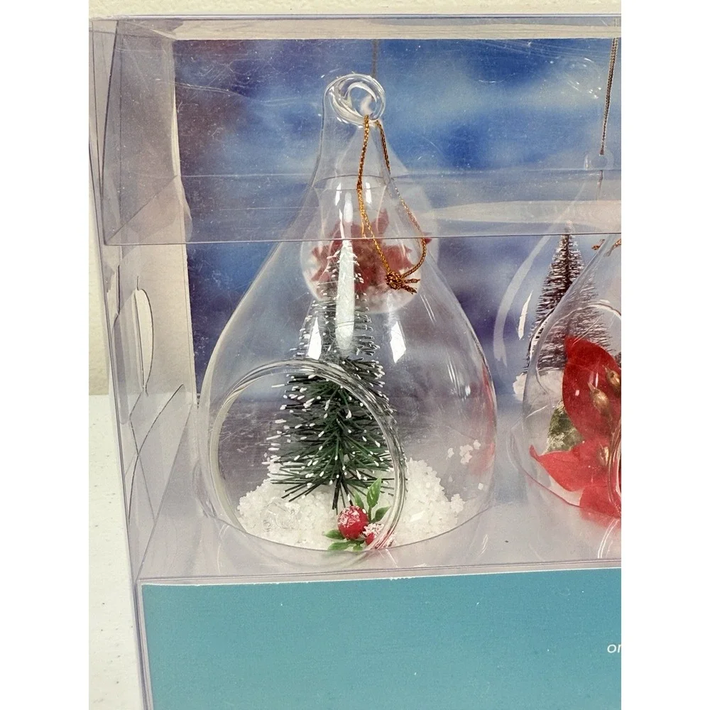 Blown Glass Christmas Ornaments Set New In Box Set Of 3 Poinsettia Plants Decor